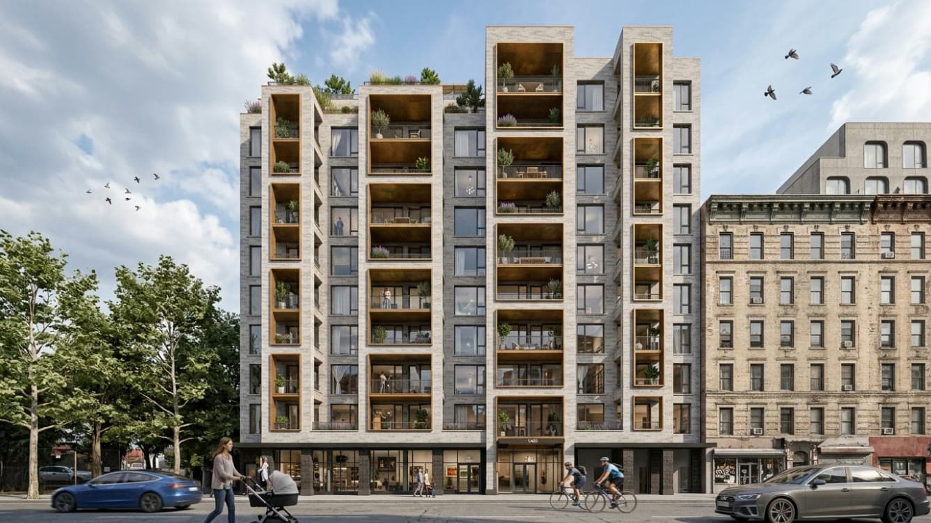 Ten Sixty Pacific — the ten-storey Roman-brick facade with deep-set balconies, rising over Pacific Street