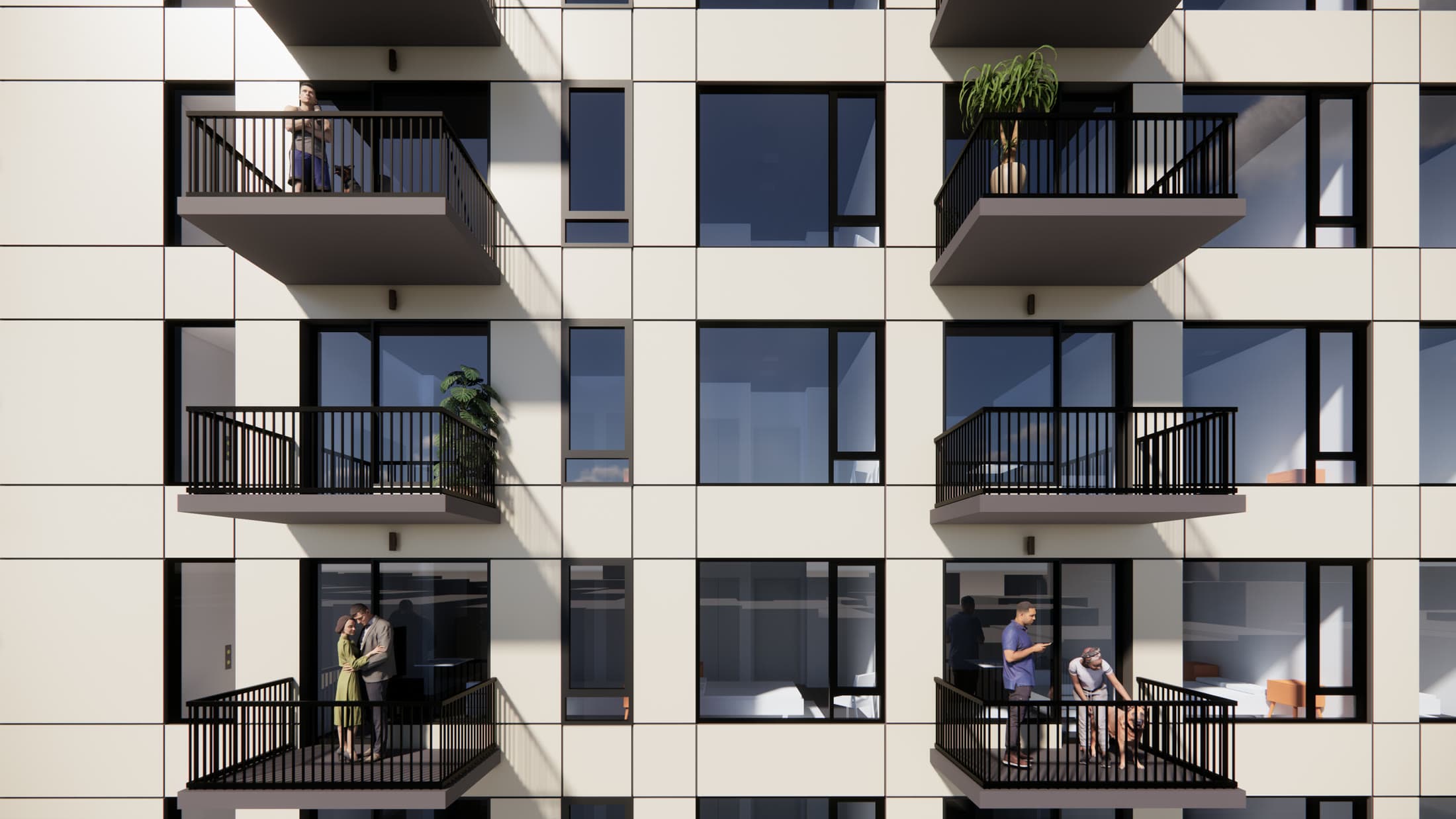 render · deep-set balconies on the brick facade